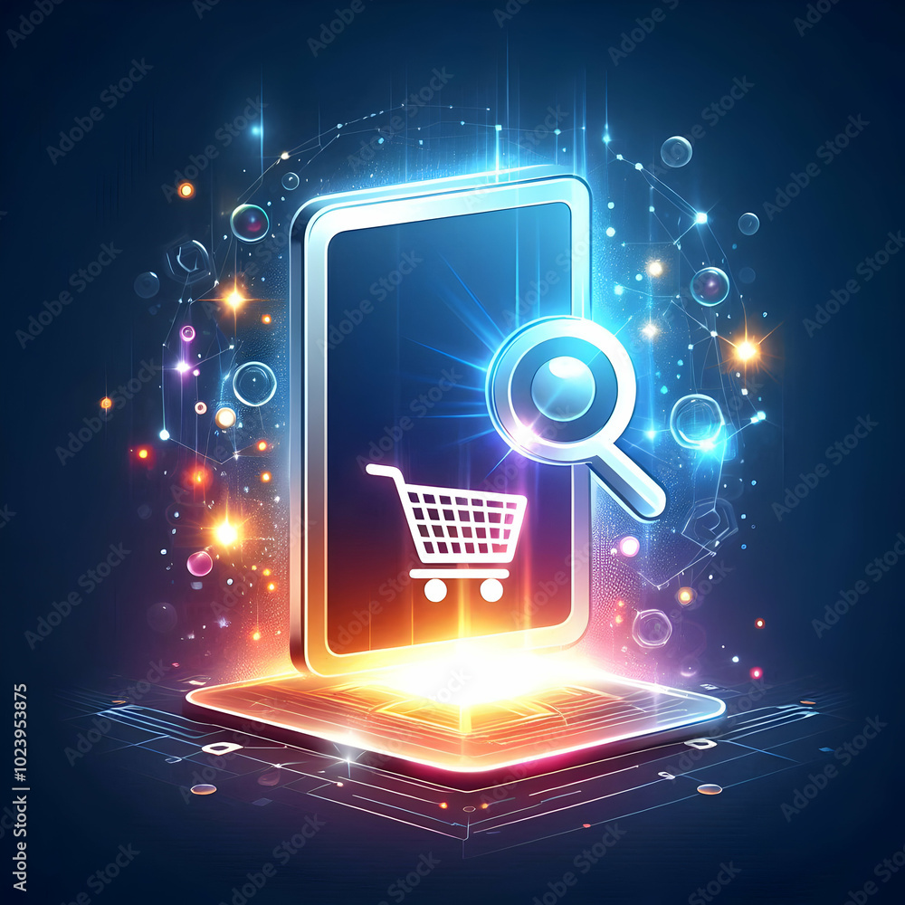 Poster Flat Glowing Abstract Product with Floating Shopping Cart Symbolizing Cyber Monday Tech Sales - Digital Art Theme with Radiant Elements and Camera Focus