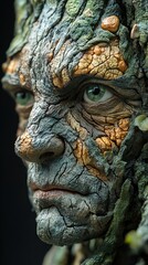 Close Up Portrait of a Human Face with Tree Bark Texture