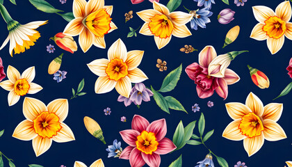 Floral seamless pattern with watercolor narcissus, muscari and hellebore on the navy isolated with white highlights, png