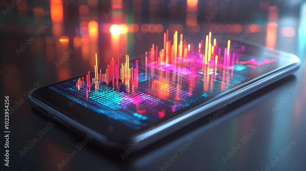 Poster 3d holographic smartphone displaying virtual stock exchange - medium shot with glossy finish and cop