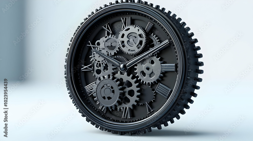 Poster 3d clock icon with floating gears symbolizing mastery in time management & innovation for productivi