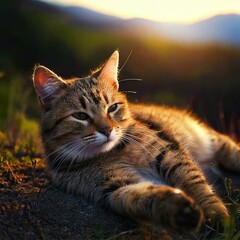 Fototapeta premium Gato estirándose echado en el campo