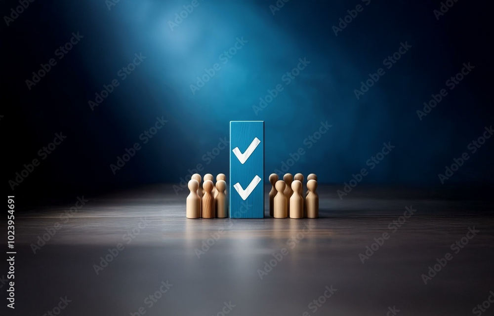 Poster a blue block with white check marks stands in front of a group of wooden figurines on a dark table t