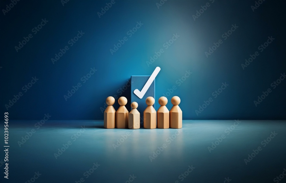 Poster a row of wooden figures stand in front of a blue block with a white checkmark.