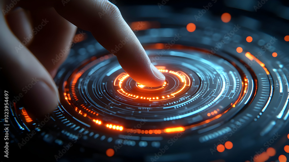 Poster 3d macro close up of finger scanning biometric payment sensor concept for futuristic retail transact