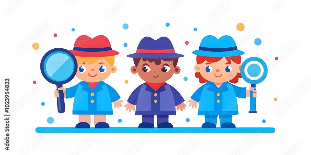Poster kids role play as detectives solving a mystery in a playground with toy magnifying glasses against s