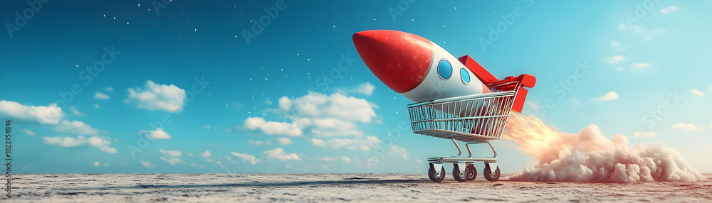 Poster vector graphic of a retail shopping cart transforming into a rocket, symbolizing e-commerce growth a