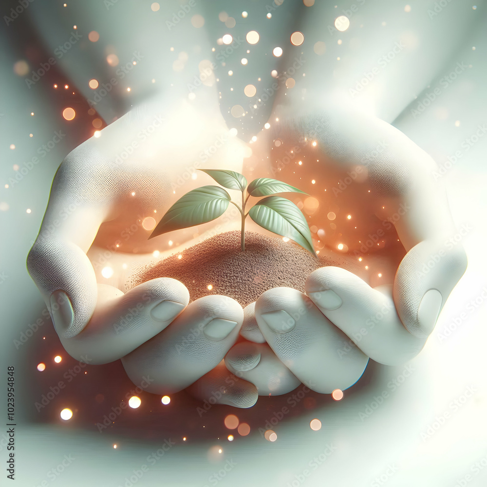 Poster 3d abstract hands nurturing seedling with bokeh light effects - symbolizing growth and environmental