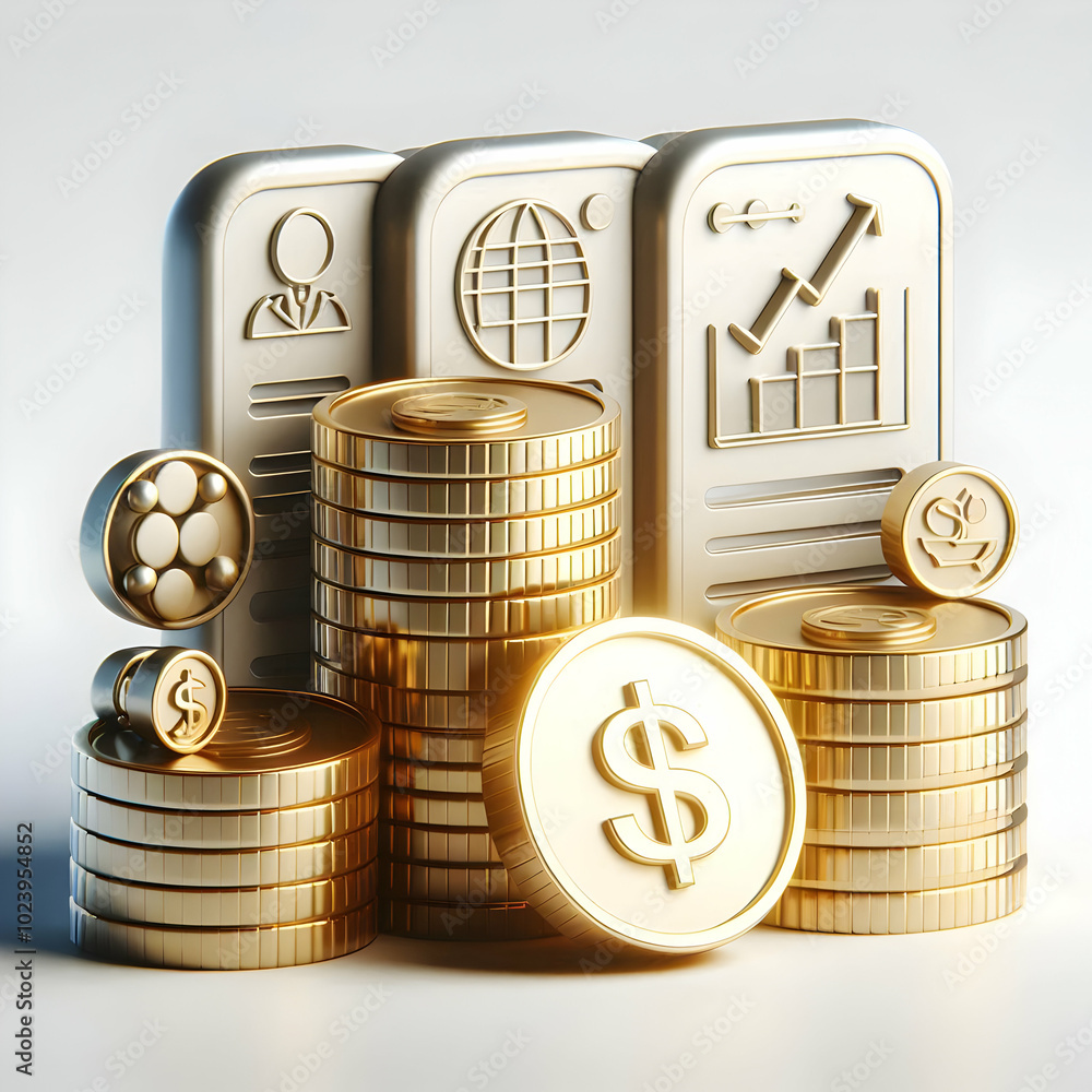 Poster 3d glossy coins stack isolated on white background - neatly arranged shiny coins captured in side an