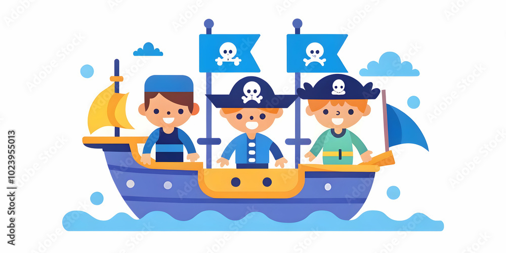 Poster children pretend play as pirates on playground ship with soft abstract background - capture a playfu