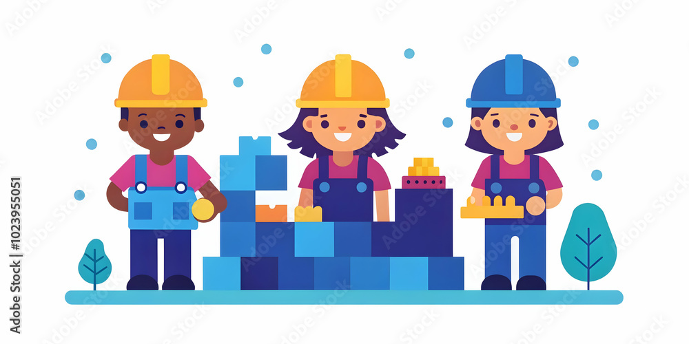 Poster children as engineers: macro close-up of young builders using toy blocks in park - capture creative 