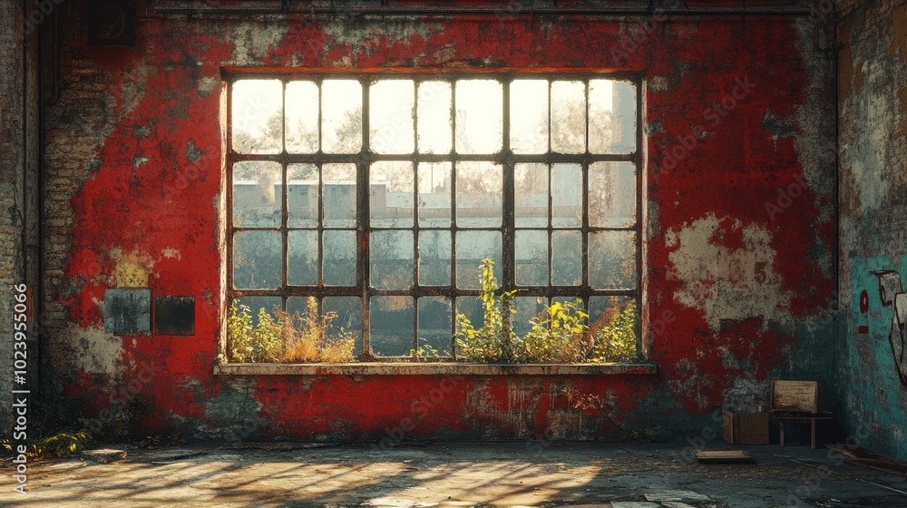 Poster sunlight streams through a large window in an abandoned building with peeling red paint and overgrow