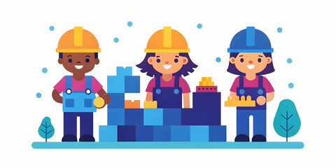 Children as Engineers: Macro Close-Up of Young Builders Using Toy Blocks in Park - Capture Creative Problem Solving with Space for Text