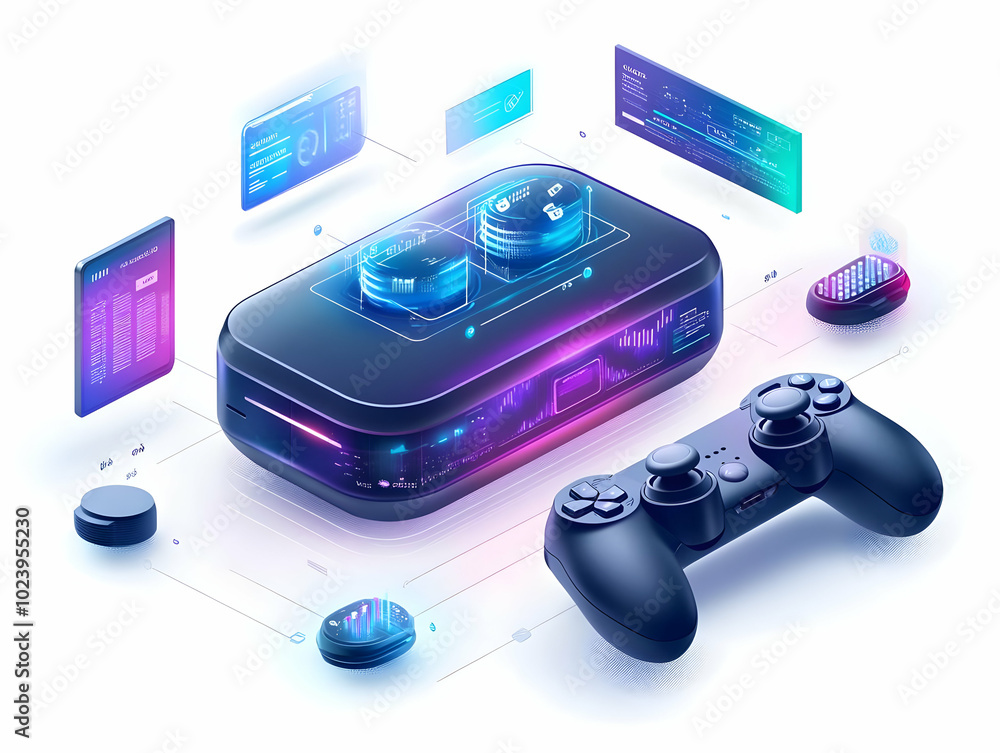 Poster flat glossy vr controller with holographic price comparison concept - sleek wide shot illustrating s