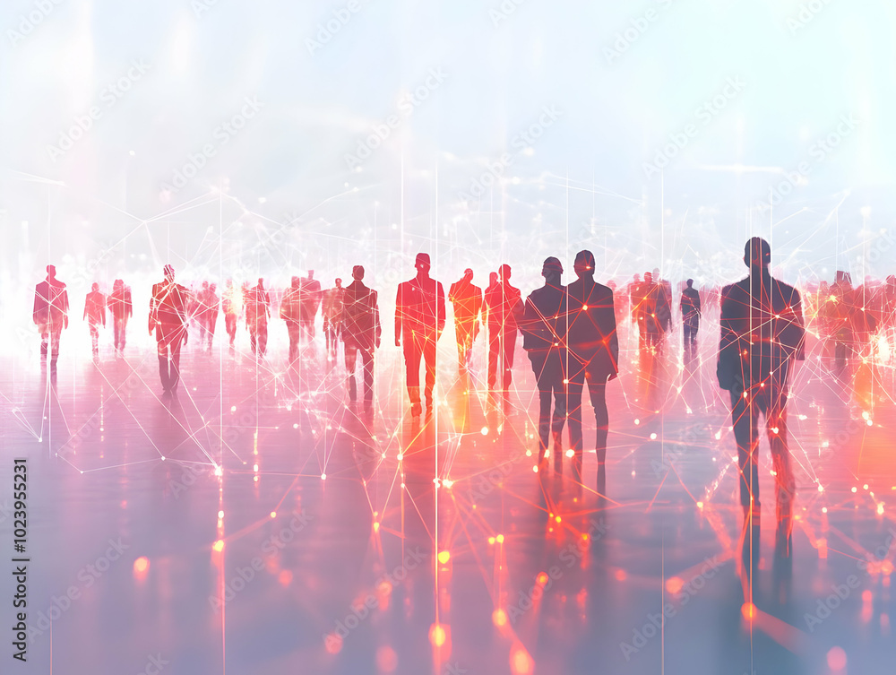 Poster flat blurred silhouettes networking with glowing light trails: dynamic interplay of shadowy figures 
