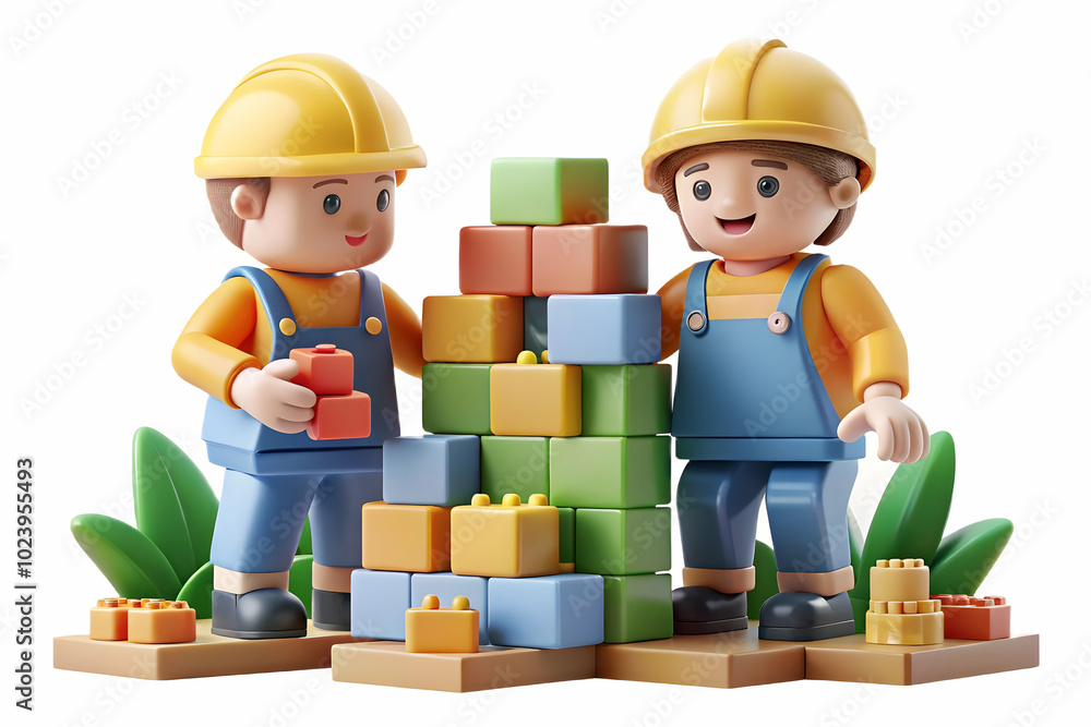 Poster children acting as engineers: macro close up of kids building structures with toy blocks in park, fo