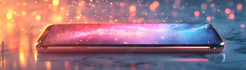 Poster glossy smartphone emitting holographic data streams on marble surface - trends & innovation concept 