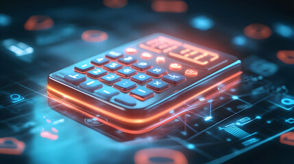 3D Holographic Calculator with Glowing Budget and Deal Icons Concept on Isolated White Background for Business and Financial Themes