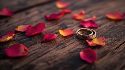 Elegant Wedding Rings on Rose Petals Background