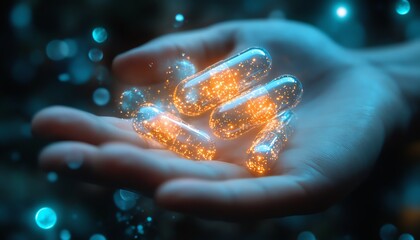 Hand carefully holding glowing capsules, illustrating the power of a new and revolutionary medicine treatment