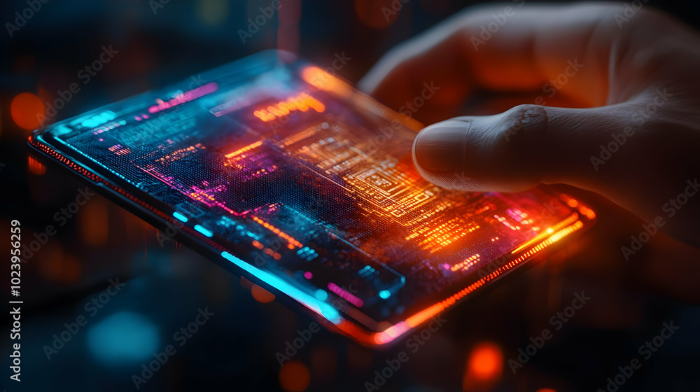 Poster 3d futuristic digital wallet with holographic currency display - close up of interactive virtual fin