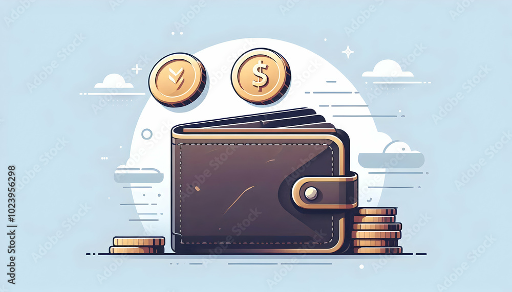 Aufkleber flat isolated wallet and coin stack - a sleek vector illustration of an open wallet with coins, symb