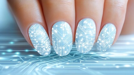 Futuristic cosmetology concept with digital circuit design on manicured nails for innovative beauty trends