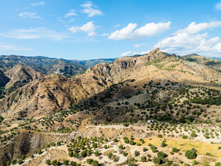 Mountains and Olive groves around Ghost Town from a drone, Pentedattilo Village, Calabria, Italy, Europe