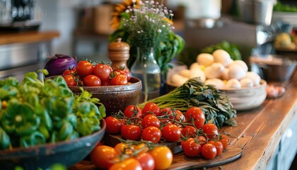 Organic Cooking Classes, vibrant colors, fresh ingredients, cozy setting, photography