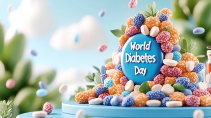World diabetes day celebration with colorful fruits and pills as a creative medical concept
