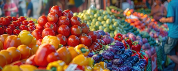 Organic Food Markets, vibrant colors, fresh ingredients, bustling crowds, photography