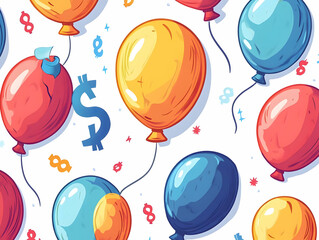 Flat Inflation Balloon Pop � Cartoon Balloons with Currency Symbols in Seamless Tile Pattern, Visualizing Economic Cycles in Playful Minimalist Style, Smart Business Concept, Wide Shot Design