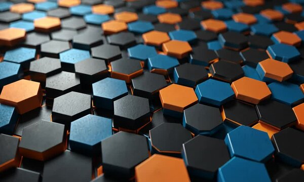 Black blue and orange hexagons background pattern 3D rendering