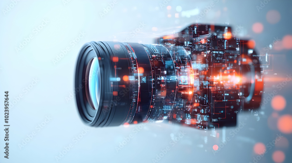 Poster 3d floating holographic camera with ai image analysis and growth icons � holographic camera projecti