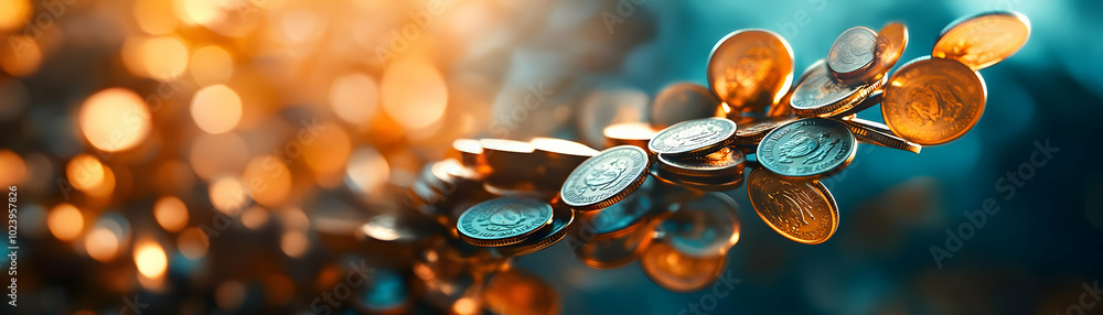 Aufkleber soft focus coins arranged in tree shape - abstract wealth concept close-up with gentle camera rotati