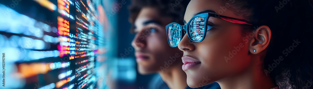 Poster candid moment of college students collaborating on an ai project: brainstorming ideas and coding in 