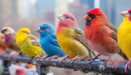 Obraz premium Urban Bird Watching Clubs, vibrant colors, city backdrop, diverse birds, photography