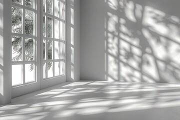 Obraz premium Blurred Natural Light and Shadow Overlay on Minimalist Wall Texture - Abstract Background for Product Presentation