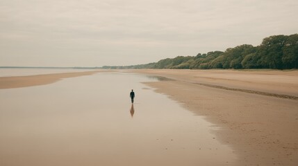 A lone figure walks on a sandy beach with shallow water, under a cloudy sky.