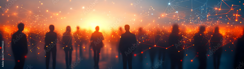 Poster blurred silhouettes networking: shadowy figures connected by glowing light trails showcasing dynamic