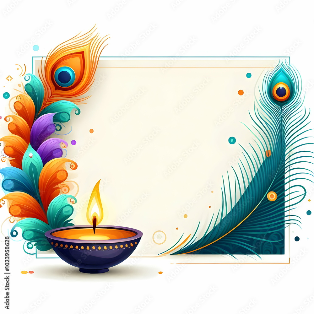 Aufkleber flat peacock feather and diya border frame design with generous copy space - vibrant vector illustra