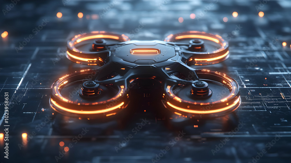 Aufkleber 3d holographic drone interface concept: modern drone hovers over sleek black surface with projected 