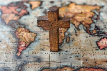 Global Mission: Wooden Cross Symbolizing Missionary Work on World Map