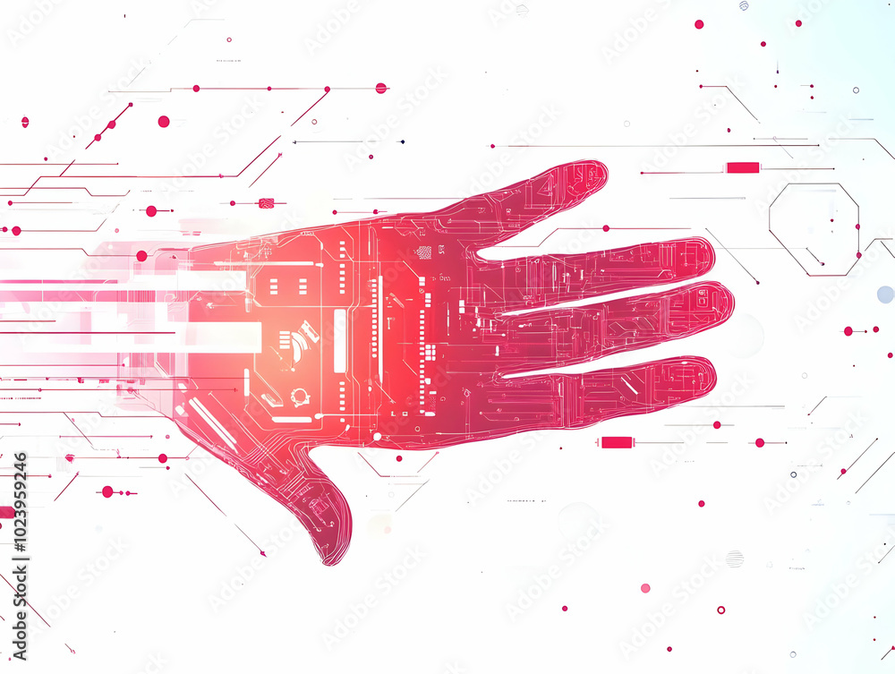 Poster flat biometric hand scan for payment: macro shot of palm with vein patterns in minimalist future ret