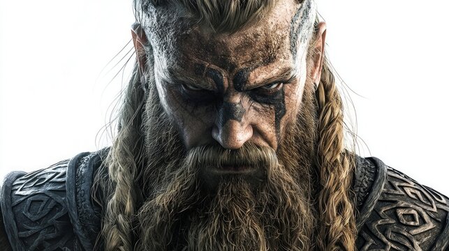 fierce Scandinavian god Tyr portrayed with a commanding presence showcasing his detailed armor and striking facial features emphasizing his warrior spirit.