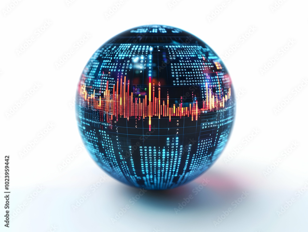 Poster flat holographic sphere displaying global stock market data in a minimalist high-tech environment | 