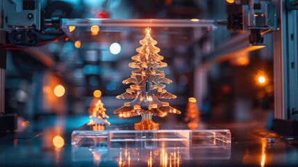 Obraz premium 3D Printer Creating Festive Christmas Trees Against a Holiday Background