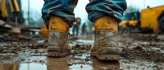 Construction workers legs visible at a building site, showcasing tools and materials, robust footwear, energetic work environment