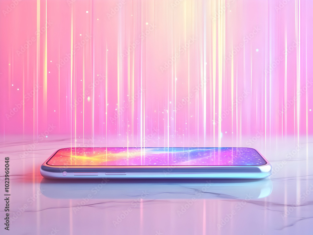 Poster flat smartphone emitting holographic elements with data streams concept - glossy mobile device on ma