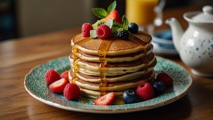 Photo of a stack of tall fluffy pancakes